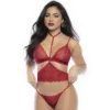conjunto lingerie três peças renda vermelha estampada corações sutiã fecho frontal alças ajustáveis arnês separado tanga combinando romântico sensual