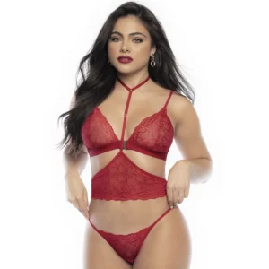 conjunto lingerie três peças renda vermelha estampada corações sutiã fecho frontal alças ajustáveis arnês separado tanga combinando romântico sensual