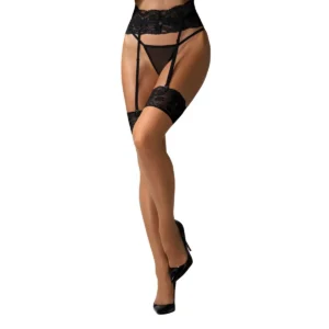 meias bege acabamento padrão preto renda detalhes coxas tecido macio leve pluma conforto sensualidade confiança europeu antialérgico