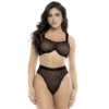conjunto lingerie sensual preto malha geométrica sutiã aro sustentação alças largas ajustáveis calcinha cintura alta cinto elástico poliamida elastano modelador