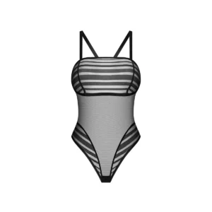 body transparente preto listras escuras lisa costas parcialmente expostas alças cruzadas ajustáveis perfeito tecido poliamida elastano corte clássico silhueta feminina