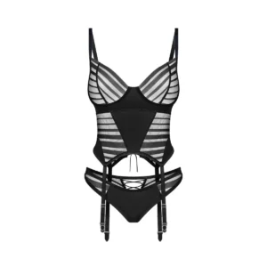 conjunto lingerie preta espartilho tanga copas armação tecido macio renda transparente listras pretas alças largas ajustáveis fecho gancho laço costas
