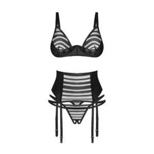 Conjunto aberto sensual provocante listras transparentes sutiã copas ovais cinto largo alças integradas tanga aberta malha elástica poliamida elastano