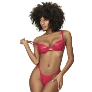 conjunto lingerie vinil vermelho vivo sutiã aro costas alças ajustáveis tanga ajustável poliéster poliuretano sensual brilhante