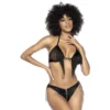conjunto lingerie preta sensual sutiã triangular franjas calcinha combinando abertura nádegas fecho correr frontal poliamida elastano poliéster ajuste conforto