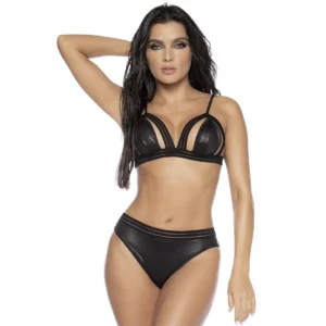 conjunto lingerie sensual duas peças efeito molhado sutiã triângulo borda malha listrada calcinha vinil brilho alças ajustáveis poliéster elastano