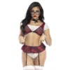 Fantasia colegial sexy renda malha estampada saia ajustada calcinha integrada laço cetim pescoço sensual lingerie tecido poliamida elastano