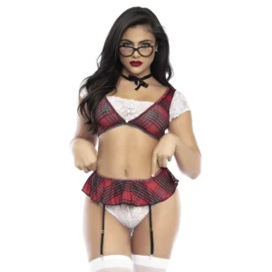 Fantasia colegial sexy renda malha estampada saia ajustada calcinha integrada laço cetim pescoço sensual lingerie tecido poliamida elastano