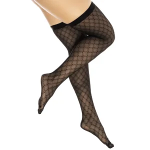 meias arrastão preta transparente estampada geométrica faixa elástica coxa sustentação poliamida elastano sensual confortável modelagem ajustada resistente