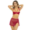 conjunto lingerie sensual rendado vermelho sutiã renda saia curta malha fina costas abertas fio dental rené rofé nylon elastano