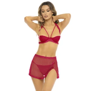 conjunto lingerie sensual rendado vermelho sutiã renda saia curta malha fina costas abertas fio dental rené rofé nylon elastano
