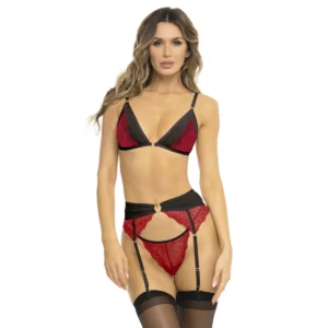 Conjunto lingerie vermelho três peças sutiã cinta liga fio dental renda nylon elastano sensual transparente ajustável