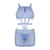 vestido fio dental azul transparente malha alças largas elásticas barriga cinto ajustável cintura tecidos macios qualidade superior fecho gancho costas