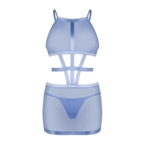 vestido fio dental azul transparente malha alças largas elásticas barriga cinto ajustável cintura tecidos macios qualidade superior fecho gancho costas