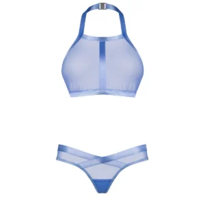 conjunto lingerie azul luxuoso suave dorso exposto sedutor alça ajustável string assimétrico bordas confortáveis ganchos malha transparente hipoalergênico