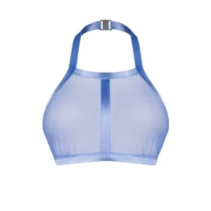 Top azul transparente corte moderno malha brilhante flexível alça ajustável fecho prateado fixação três níveis ganchos costas poliamida elastano qualidade