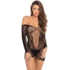 mini vestido malha preta mangas compridas ombros descobertos justo elástico sensual RenéRofé nylon elastano ajuste corporal festa noite