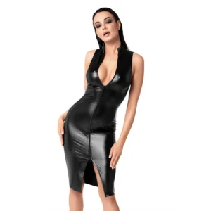 vestido midi ajustado tecido elástico poliéster elastano acetinado brilhante regata decote profundo zíper frontal abertura total cintura marcada quadril realçado