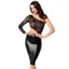 vestido midi renda elástica efeito brilho assimétrico ombro único transparente recorte cintura justo abaixo joelho sedutor elegante poliamida elastano