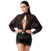 mini vestido wetlook elástico powernet transparente renda blusa malha mangas longas gola alta abertura costas nuas saia justa