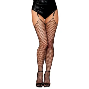 meia calça preta rede larga borda bruta projetada ligas compatíveis material nylon elastano elástica sensual lavagem manual fria evitar secadora