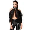 top transparente powernet elástico malha flexível drapeado decote costas nuas gola alta botões pressão versátil ajustável ombro caído