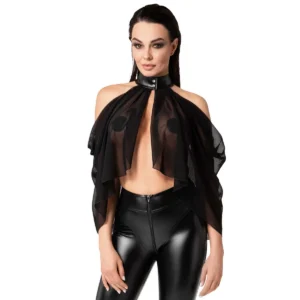 top transparente powernet elástico malha flexível drapeado decote costas nuas gola alta botões pressão versátil ajustável ombro caído