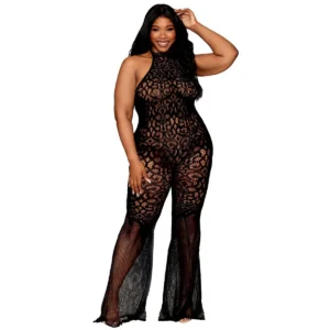 bodystocking renda crochê sem costura tamanho grande rede preta costas nuas gola alta fecho pressão perna larga malha nylon elastano