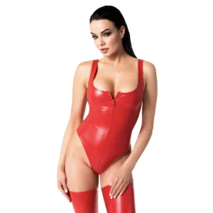 Body Powerwetlook Vermelho Zíper Frontal Elástico Confortável Ajuste Favorecedor Brilho Sedutor Sexy Durável Poliéster Elastano Revestimento Polímero Festa Ousada