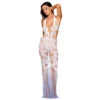 vestido colante sem costura renda rede branco degradê hortênsia violeta costas nuas decote profundo anéis peito laço amarrar