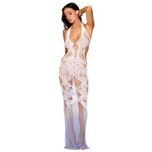 vestido colante sem costura renda rede branco degradê hortênsia violeta costas nuas decote profundo anéis peito laço amarrar