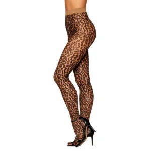 meia calça estampada leopardo bicolor cinto elastico largo macio tanga ausente poliester nylon elastano lavagem manual fria secadora proibida