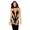 Camisola preta transparente moderna vanguardista dominadora sexy faixas largas malha fina porta ligas integrada decote costas gola fecho gancho clipes