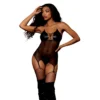 camisola fetiche rede fina preta transparente cordoes peito couro sintetico cinta liga tanga combinando alcas corrente metal prateado bainha fixas