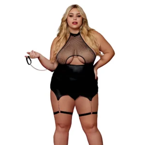 Body BDSM preto, tamanho grande, em malha com espartilho / cinta-liga, couro sintético, integrado - DG13295XBLK