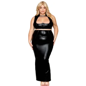 conjunto lingerie preto couro sintético tamanho grande sutiã arnês elástico correntes pescoço costas nuas fechos gancho saia longa