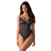 body azul noturno aberto ousado sedutor luxuoso renda transparente malha copas aro suporte alças ajustáveis fecho costas recorte