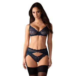 conjunto azulmarinho três peças lingerie renda delicada intricada corte sob medida detalhes cuidadosos sutiã cintaliga calcinha alças ajustáveis fecho ganchos