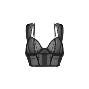 top preto armação copas estruturadas suporte ganchos ilhós ajustáveis alças duplas decorativas tecido poliamida elastano macio luxuoso acabamentos suaves