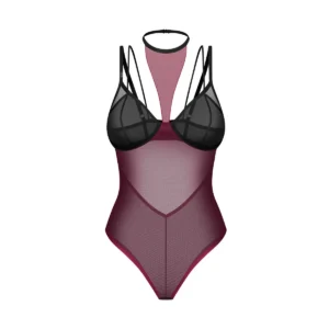 Parisel Teddy transparente preto bordô gargantilha audaciosa recortado realça curvas tecidos elásticos conforto ajuste perfeito alças duplas ganchos costas