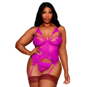 Corpete tamanho grande rosa malha renda floral ligas ajustáveis tanga combinando sem meias nylon elastano delicado