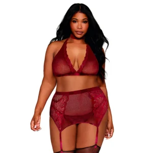 Conjunto quatro peças bordô vermelho tamanho grande renda rede sem armação sutiã tanga fio dental cinta liga gargantilha veludo elástico