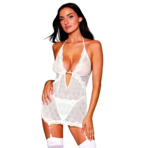 Corpete Espartilho Porta Ligas Branco Rede Transparente Strass Joias Tanga Inclusa Sensual Ajustável Elastano Poliéster Lavável Delicado