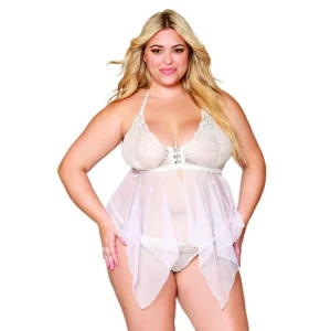 babydoll fio dental conjunto lingerie tamanho grande renda rede branca transparente delicada sensual sexy leve macia elástica