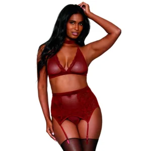 conjunto quatro peças vermelho bordô renda rede gargantilha sutiã sem aro tanga cinta liga veludo nylon elastano lavagem manual fria