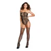 Macacão bodystocking rede fantasia sensual portajarreteiras meiasintegradas lingerie preta nylon elastano tule cinturaalta costasabertas rendaaplicada lavarmanualfria