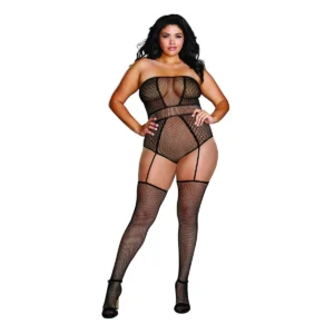 combinação body renda rede sexy tamanho grande cinta liga meias integradas nylon elastano malha sensual lingerie ajustável provocante