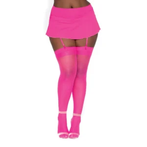 meias nylon rosa neon semiopacas cinta liga opaca costura traseira detalhe sensual acetinadas elasticas resistentes finas