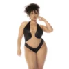 Bodystring tamanho grande preto bege tule transparente efeito couro gola halter fecho ajustável virilha Mapalé lingerie