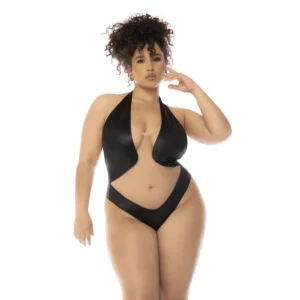 Bodystring tamanho grande preto bege tule transparente efeito couro gola halter fecho ajustável virilha Mapalé lingerie